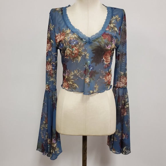 SHEIN Tops - SHEIN Womens Fairy Festival Floral Mesh Bell Sleeve Top Size M Blue Romantic
